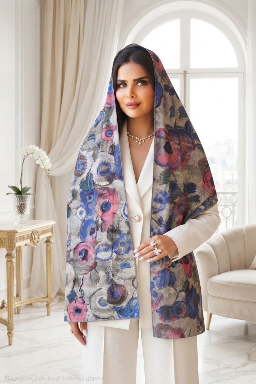 شال نخی چاپی آبرنگی طرح گل