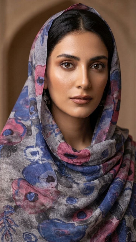 شال نخی چاپی آبرنگی طرح گل